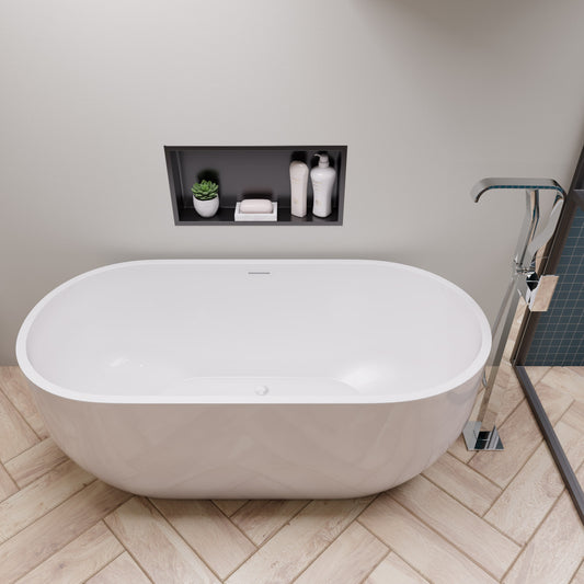 White Oval Acrylic Free Standing Soaking Bathtub 59-inch